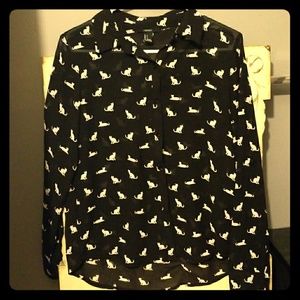 Cute sheer black with white cats button up
